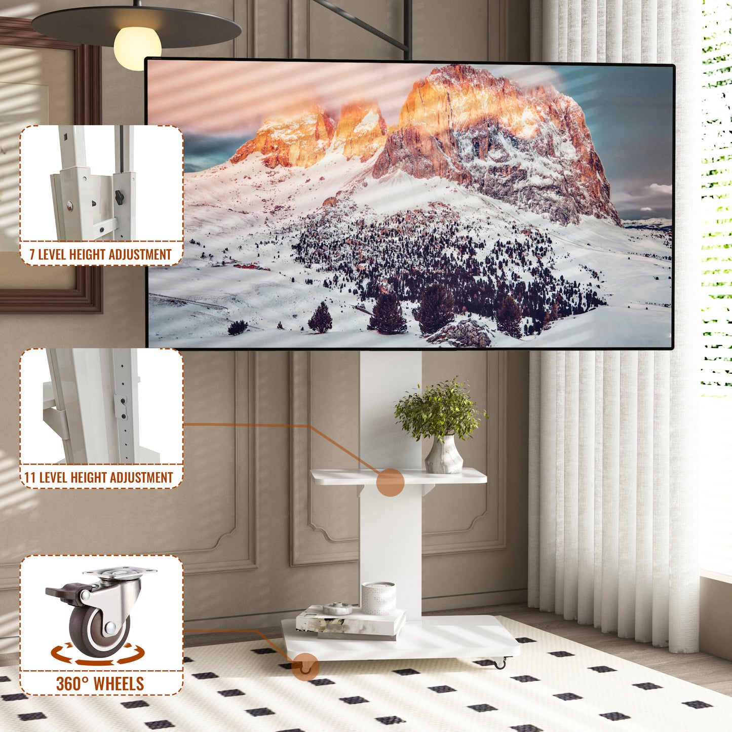 TV Stand with Shelf for Living Room, Bedroom,Offices,Mobile TV Cart for 32-75 inches,Floor Stand with Mount on Lockable Wheels,White image 8