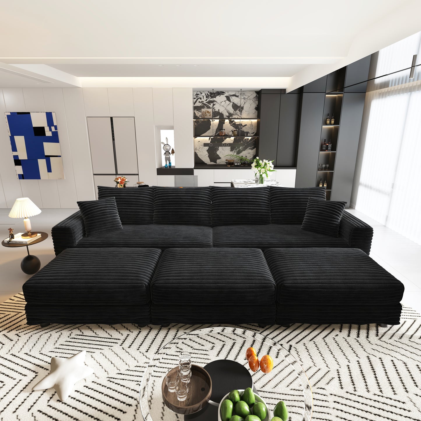 102.4 "Plush Corduroy 4-Seat Sofa,Modern Comfy Upholstered Sofa Cloud Couch,Deep Seat Couches with Soft Pillows and 3 Ottomans,Convertible Sofa Lounge Chair,Black(Old SKU:W1885S00287) image 2