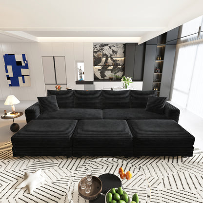 102.4 "Plush Corduroy 4-Seat Sofa,Modern Comfy Upholstered Sofa Cloud Couch,Deep Seat Couches with Soft Pillows and 3 Ottomans,Convertible Sofa Lounge Chair,Black(Old SKU:W1885S00287) image 2