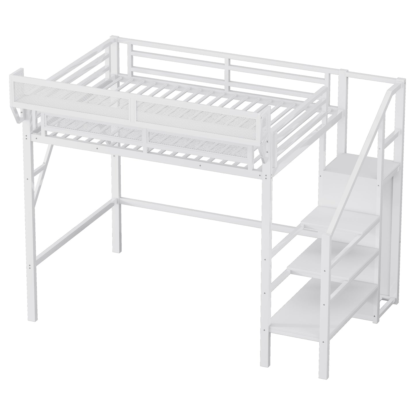 Twin XL Size Loft Bed with Stairs, Metal Full Loft Bed with Storage Shelves, High Loft Bed with Wardrobe for Kids Teens,White(Expect Arrival Date 2025/10/14) image 9
