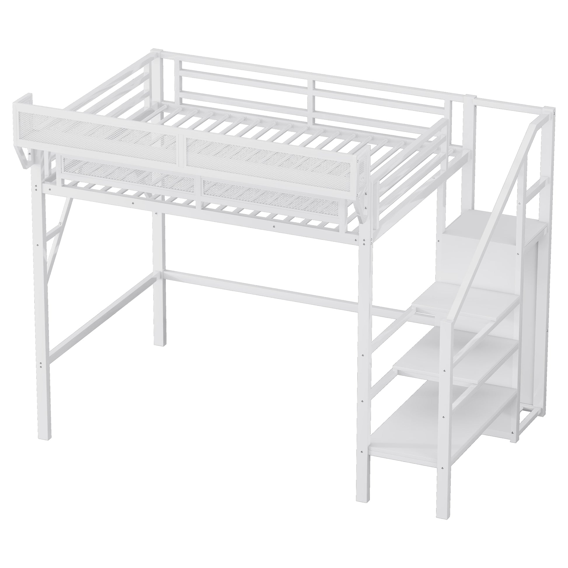 Twin XL Size Loft Bed with Stairs, Metal Full Loft Bed with Storage Shelves, High Loft Bed with Wardrobe for Kids Teens,White(Expect Arrival Date 2025/10/14) image 9