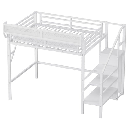 Twin XL Size Loft Bed with Stairs, Metal Full Loft Bed with Storage Shelves, High Loft Bed with Wardrobe for Kids Teens,White(Expect Arrival Date 2025/10/14) image 9