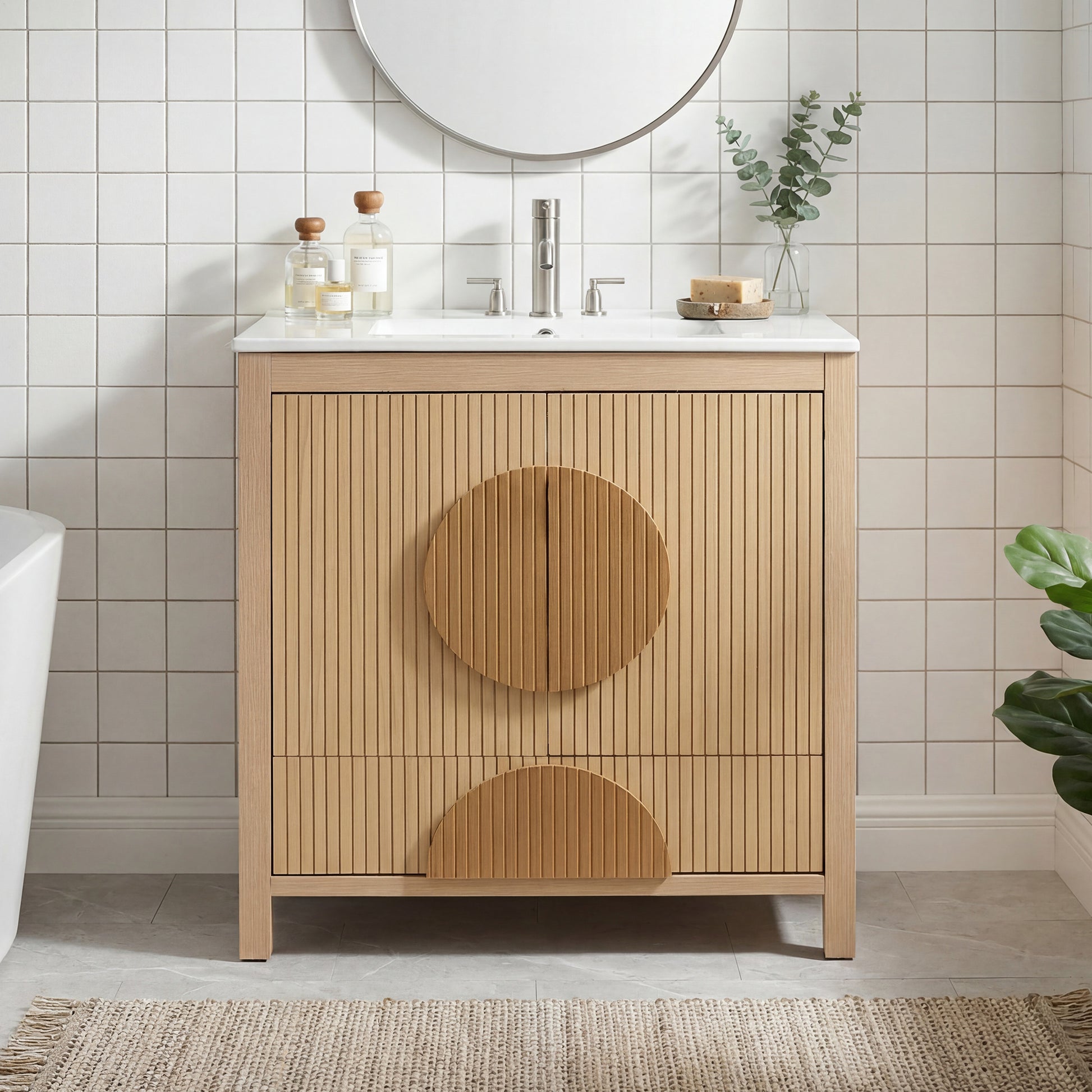 30 Inch Fluted Bathroom Vanity with Sink - Freestanding Modern Wood Cabinet with Soft-Close Doors, 1 Drawer & Open Storage, Decorative Circular Accent, Solid Wood & MDF Build, image 7