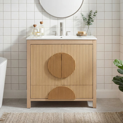 30 Inch Fluted Bathroom Vanity with Sink - Freestanding Modern Wood Cabinet with Soft-Close Doors, 1 Drawer & Open Storage, Decorative Circular Accent, Solid Wood & MDF Build, image 7