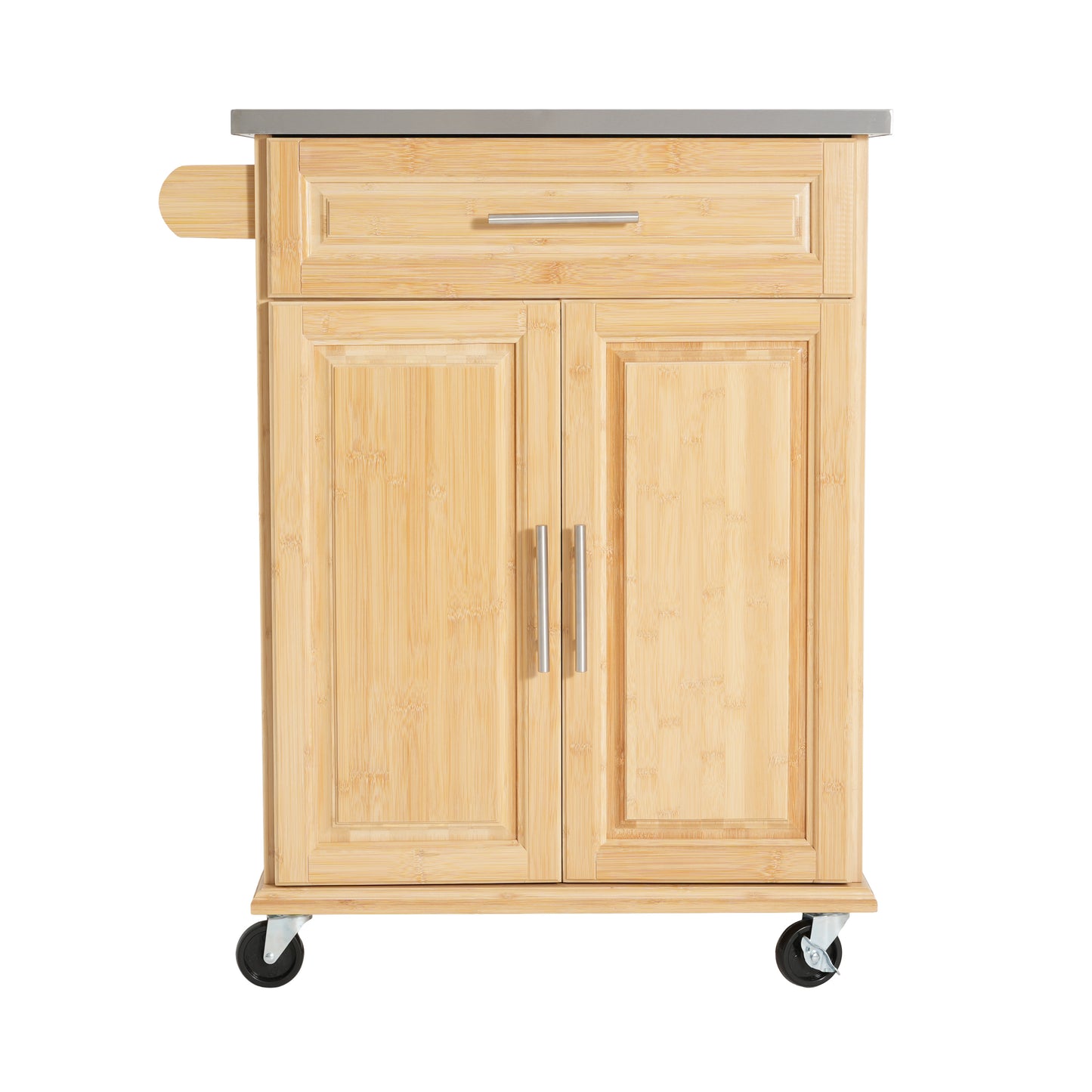Indoor Compact Bamboo Rolling Kitchen Cart with Stainless Steel Top – Mobile Storage Island with Drawer & Cabinet for Small Spaces image 5