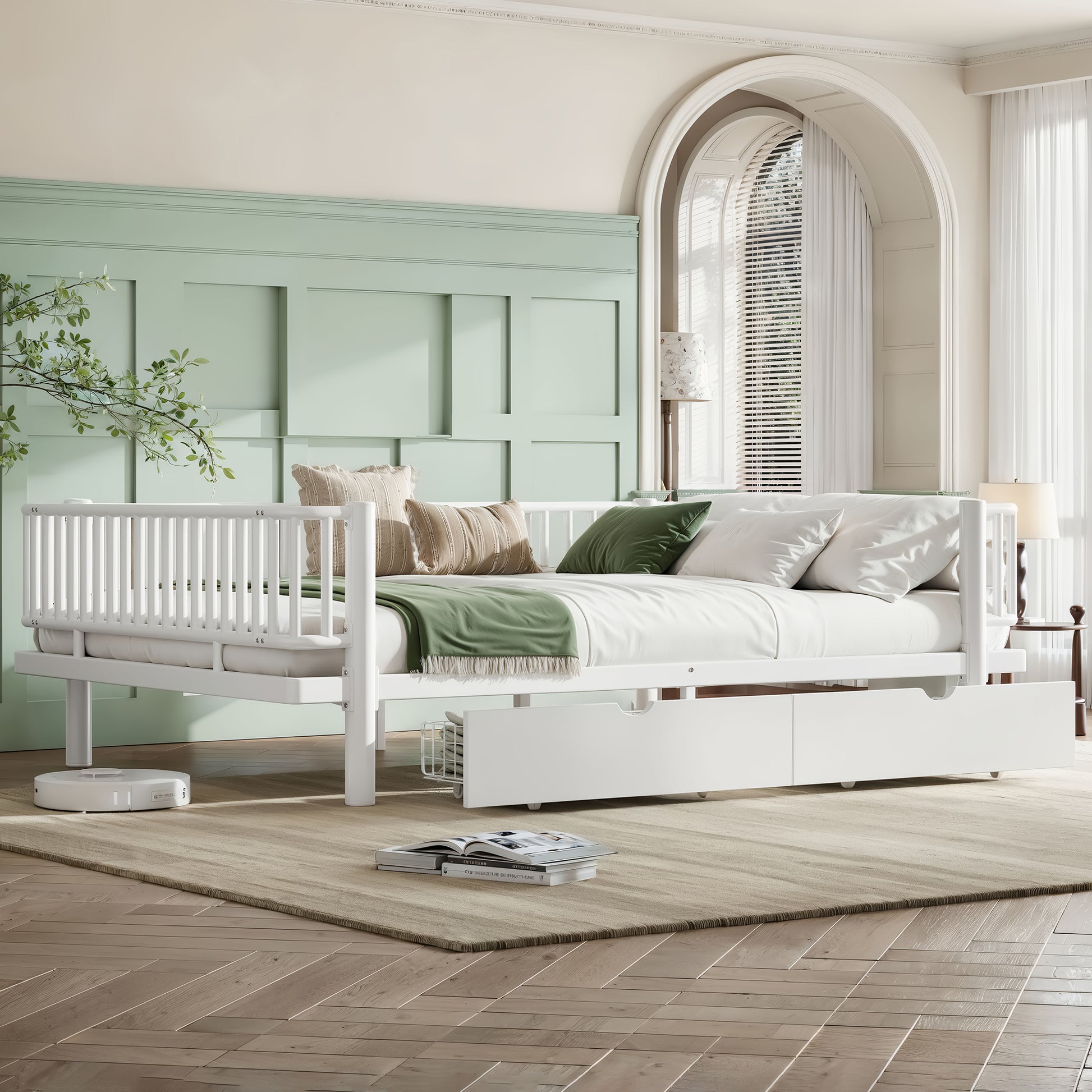 Queen Size Platform Bed with Storage Drawers, Metal Daybed Frame with Upgraded Safety Round-Pipe Design, Low Profile Design, White image 2