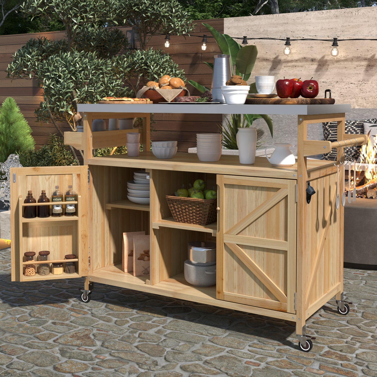 K&K Outdoor Kitchen Island, Rolling Bar Cart & Storage Cabinet, Farmhouse Solid Wood Outdoor Grill Table with Stainless Steel Top, Spice Rack, Towel Rack for Kitchen & BBQ, Natural image 1