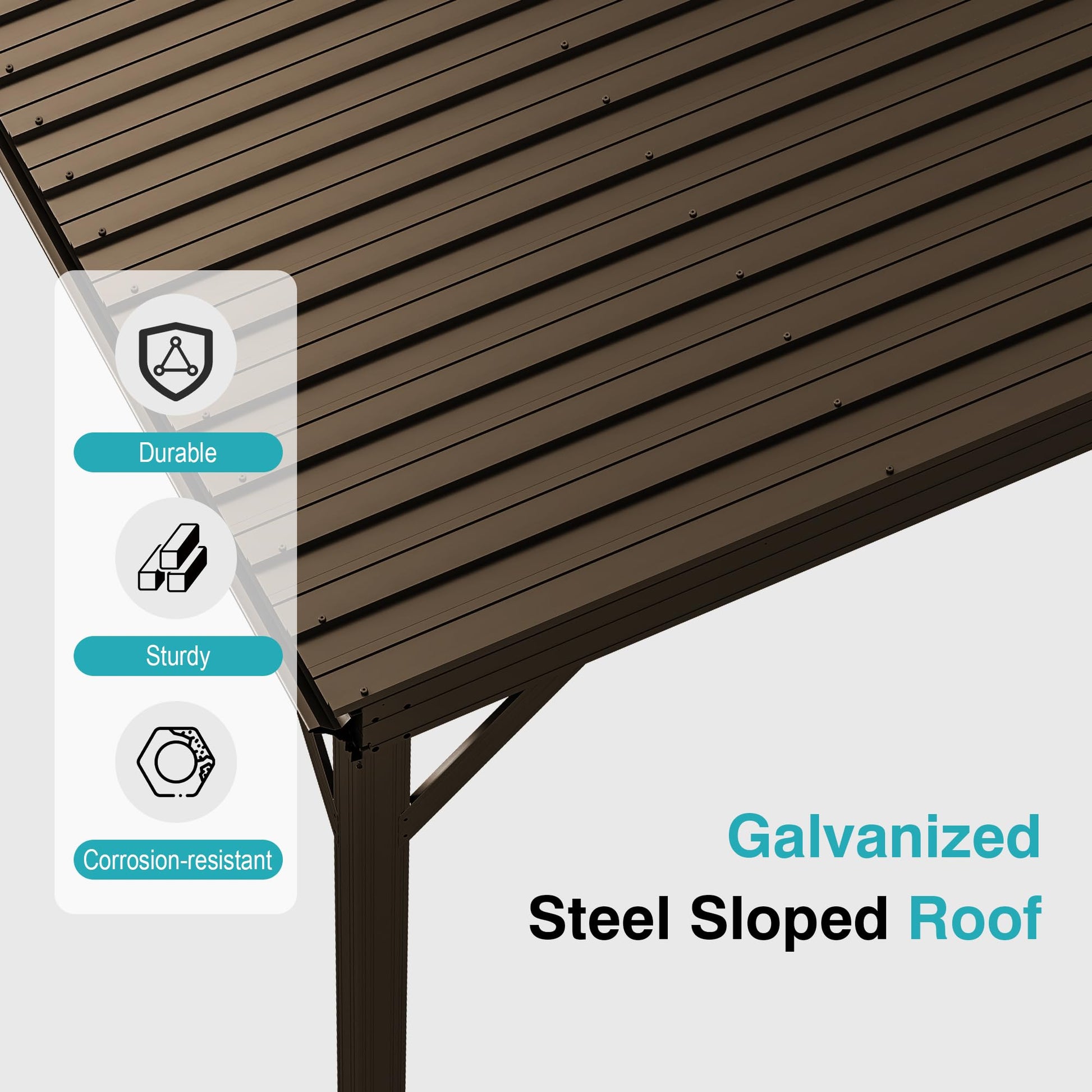8x5FT Lean to Gazebo, Outdoor Hardtop Wall Mounted Gazebo with Sloping Galvanized Steel Roof, Upgraded Heavy Duty Mounted Shelter with Drainage System for Deck, Porch, Backyard,Brown image 5