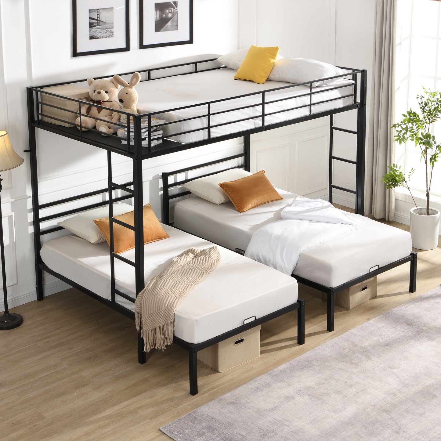 Full Over Twin Over Twin Bunk Bed,Triple Bunk Bed With a vertical ladder, Metal Frame Bunk Bed with Safety Rail, Full Over Twin Over Twin Triple Bunk image 1