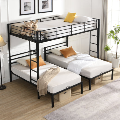 Full Over Twin Over Twin Bunk Bed,Triple Bunk Bed With a vertical ladder, Metal Frame Bunk Bed with Safety Rail, Full Over Twin Over Twin Triple Bunk image 1