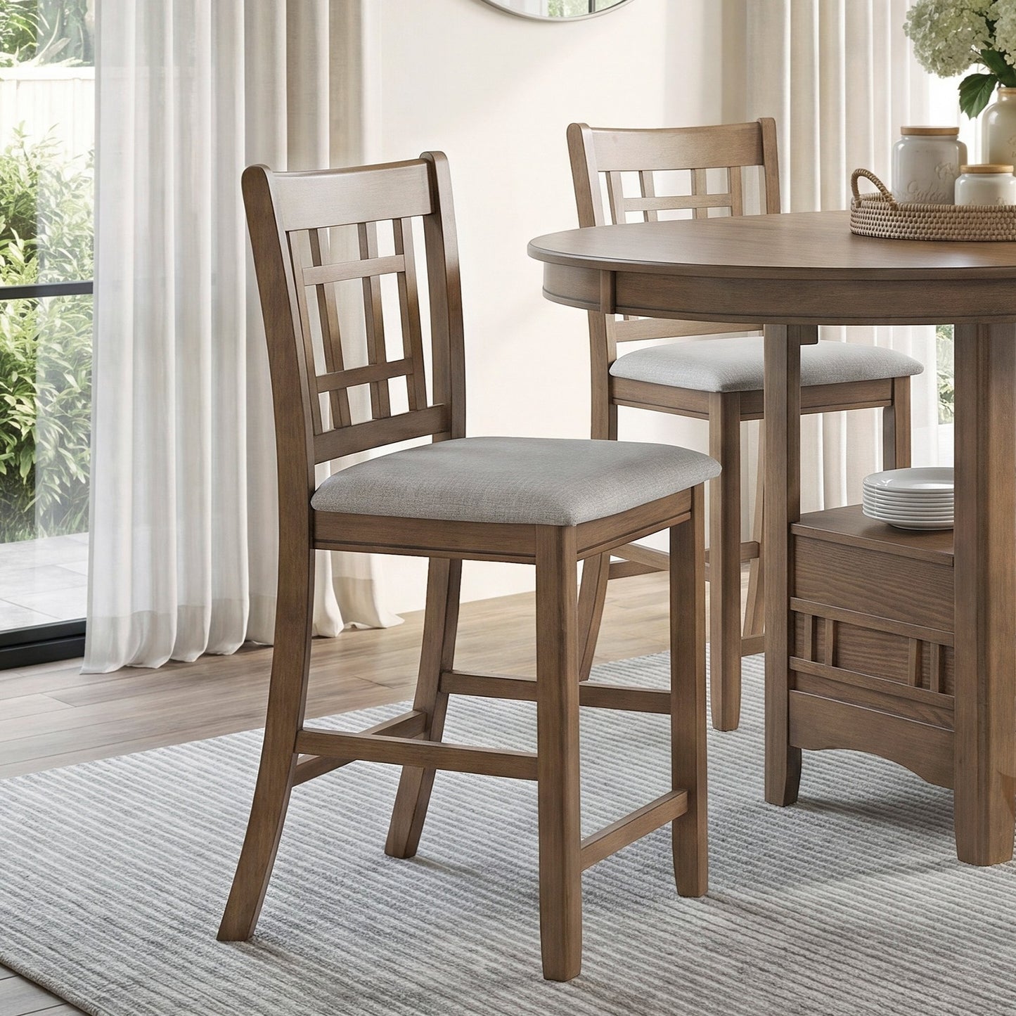 Brown Finish Counter Height Dining Chairs Set of 2 Padded Seat Upholstery Wood Frame Dining Kitchen Furniture image 1