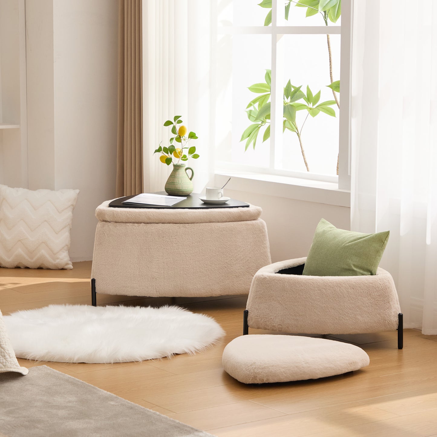 29.9"Wide 2 - Piece Upholstered Storage Ottoman Set Footrest Shoe Changing Stool with Metal Legs,Faux Fur Foot Stool Coffee Side Table With Reversible Lid for Living Room Bedroom Entryway. Light Camel image 2