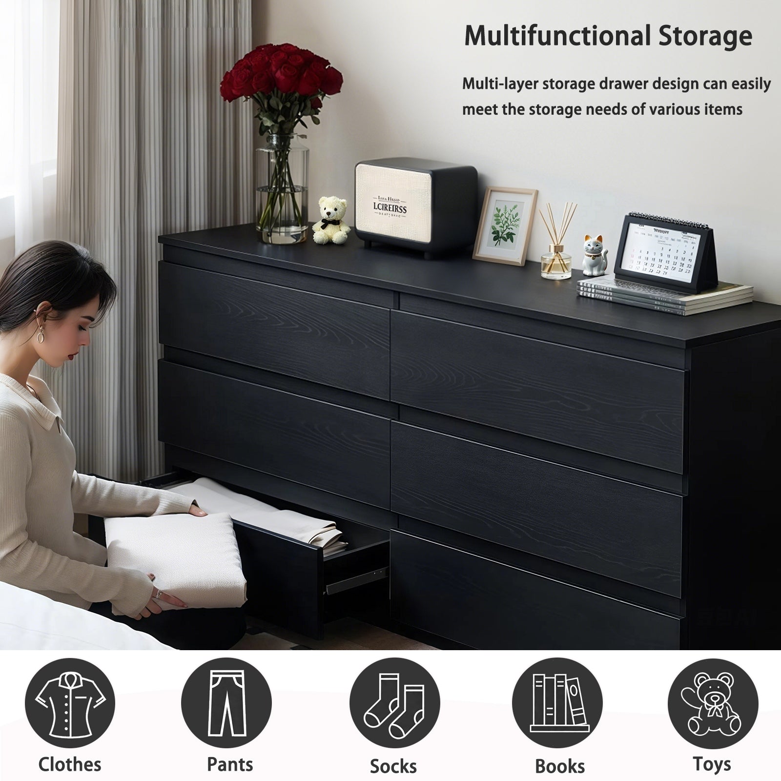 6 Drawer Black Dresser, Modern Bedroom Dresser with Spacious Countertop, Wood Storage Cabinet with Concealed Handles & 6 Deep Drawers for Bedroom, Living Room, Entryway, 15.7" D x 47.2" W x 30.9" H image 8