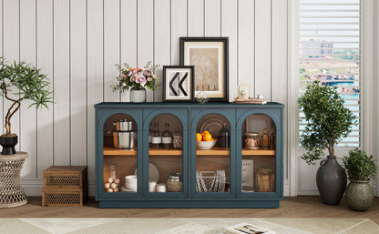 TREXM 4-Door Large Storage Buffet Cabinet with Glass Doors, Arched Cabinet with Adjustable Shelves for Kitchen, Dining Room and Living Room (Navy) image 5