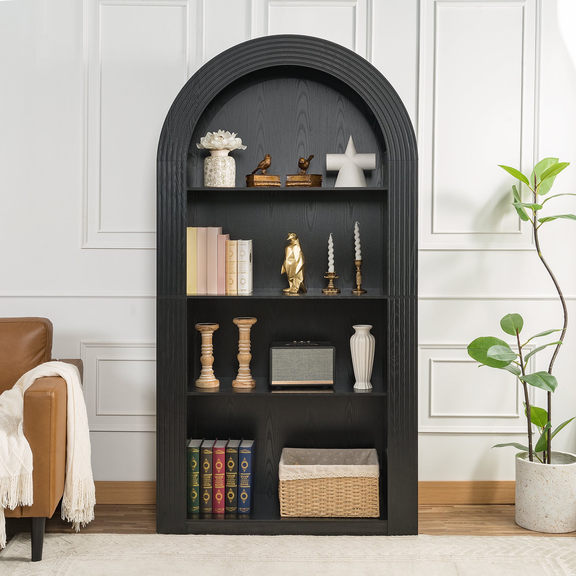 78.74" Tall Arched Bookcase, Mid Century Modern 4-Tier Arched Storage Bookcase with Open Display Storage Shelf for Dining Room, Living Room,Bedroom (Black) image 2