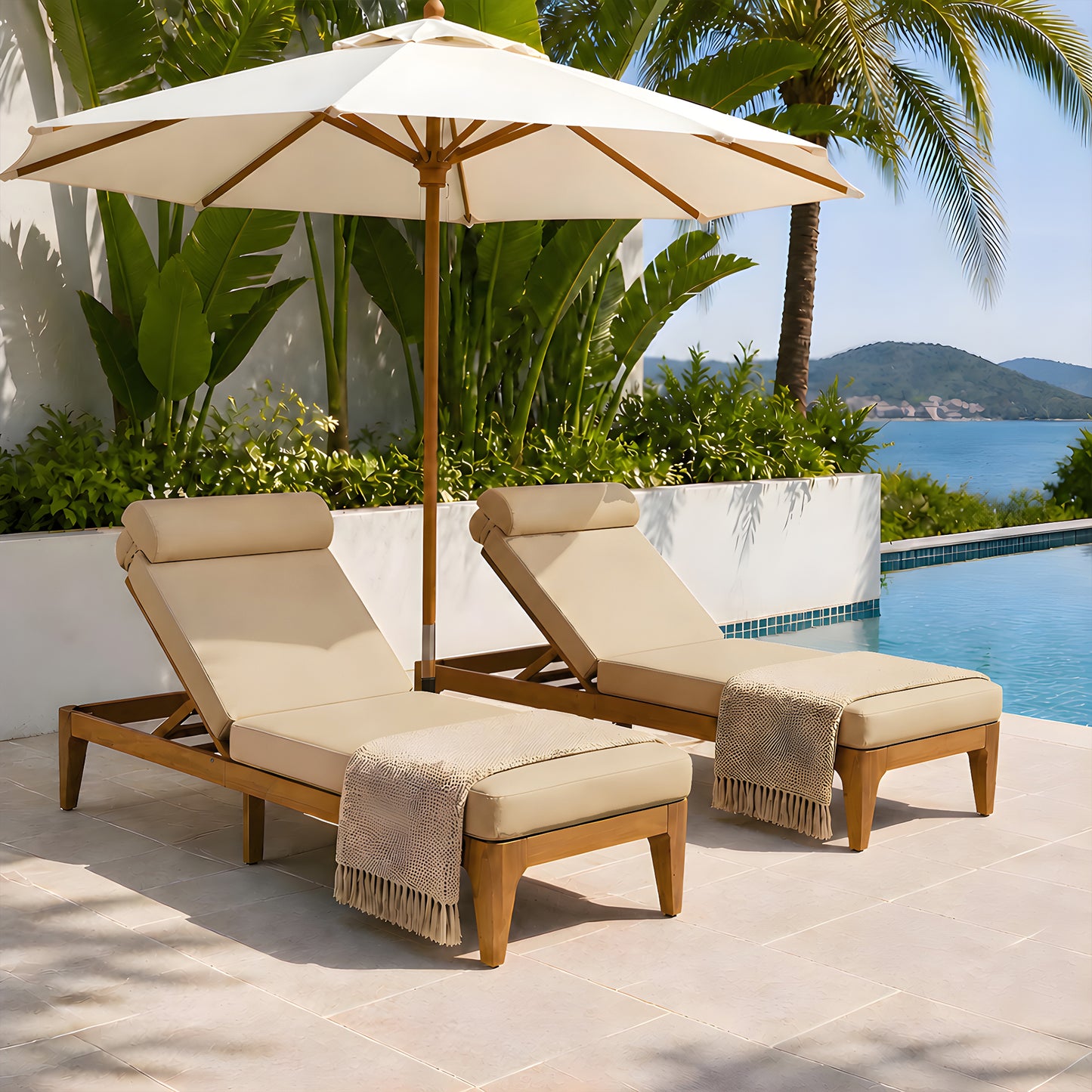 TOPMAX Acacia Wood Chaise Lounge, Outdoor Sun Lounge Chair, Patio Recliner with Adjustable Backrest and Head Pillow for Poolside, Backyard, Garden, Indoor&Outdoor, set of 2, Coffee Brown image 2