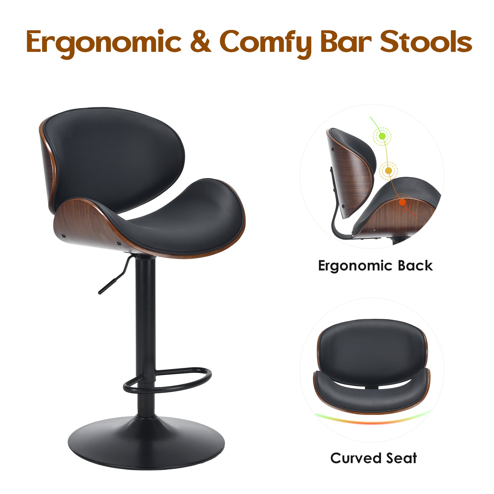Swivel Bar Stools Set of 2 Adjustable Height Bentwood Barstools with PU Leather Upholstered Seat, Backrest and Footrest,Modern Kitchen Counter Chairs for Bar, Dining Room image 3