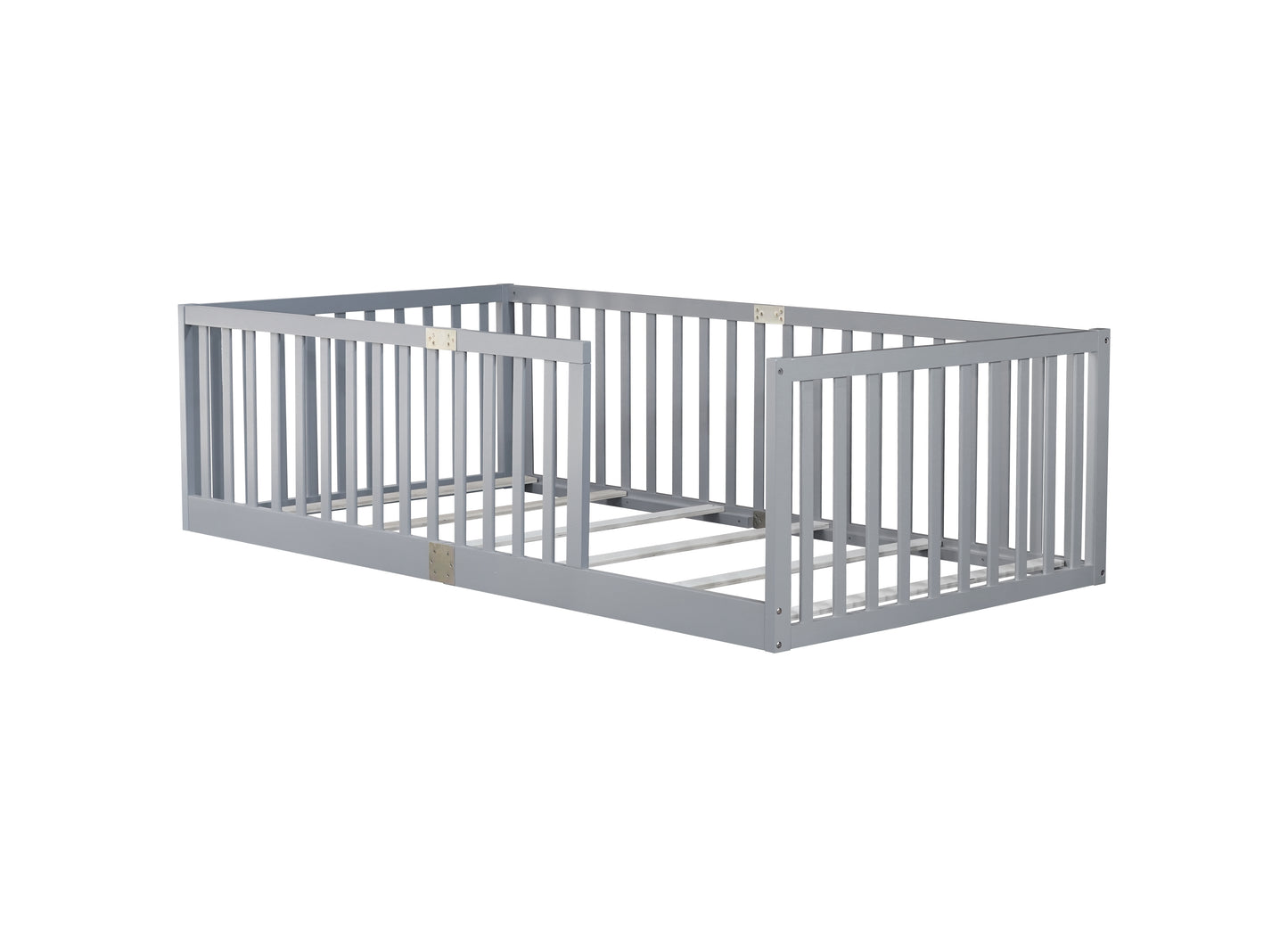 Twin Size Floor Bed with High Fence Railings, 6 Slats Included, Rubber Wood Floor Bed with Safety Guardrails, without Door,Grey image 12