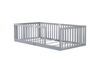 Twin Size Floor Bed with High Fence Railings, 6 Slats Included, Rubber Wood Floor Bed with Safety Guardrails, without Door,Grey image 12