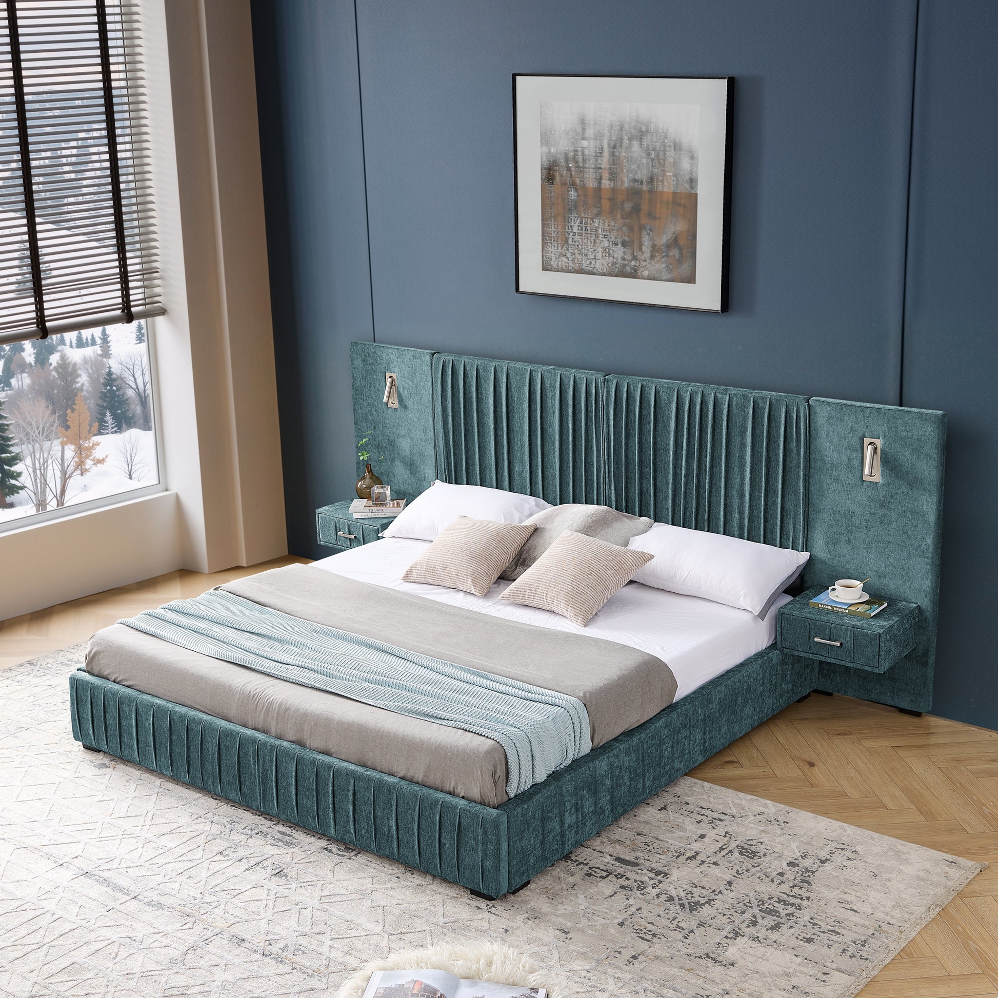 King Size Upholstered Bed Frame with Chenille fabric with pleated design,Grounded King Size Platform Bed with Headboard and Solid Frame and the bedside table.No Box Spring Needed-Blue-Green image 5