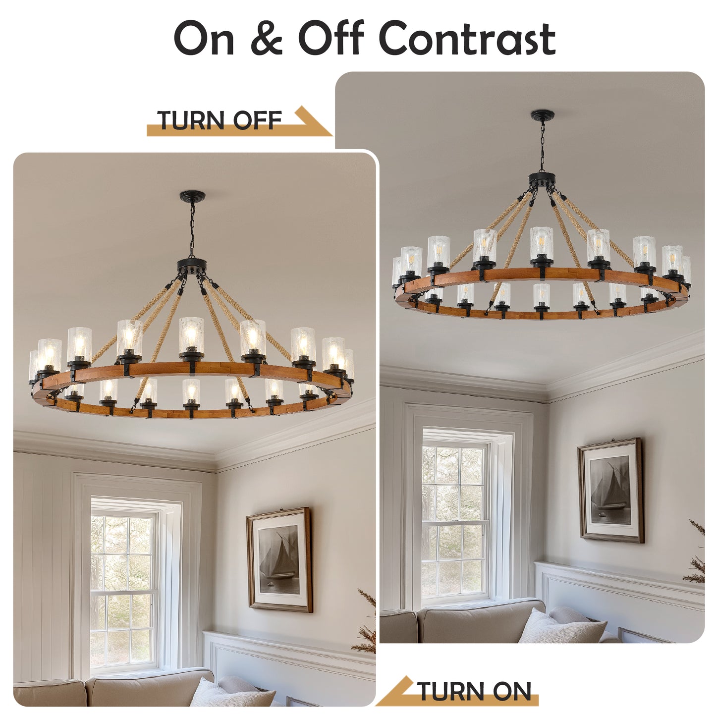 18-Light Rustic Wagon Wheel Chandelier,59"Wooden Pendant Light with Seeded Glass Shade,Industrial Chandeliers for Dining Room Kitchen lsland Foyer (Solid One-Piece Wood Frame Design)-NO INCLUDED BULBS image 11