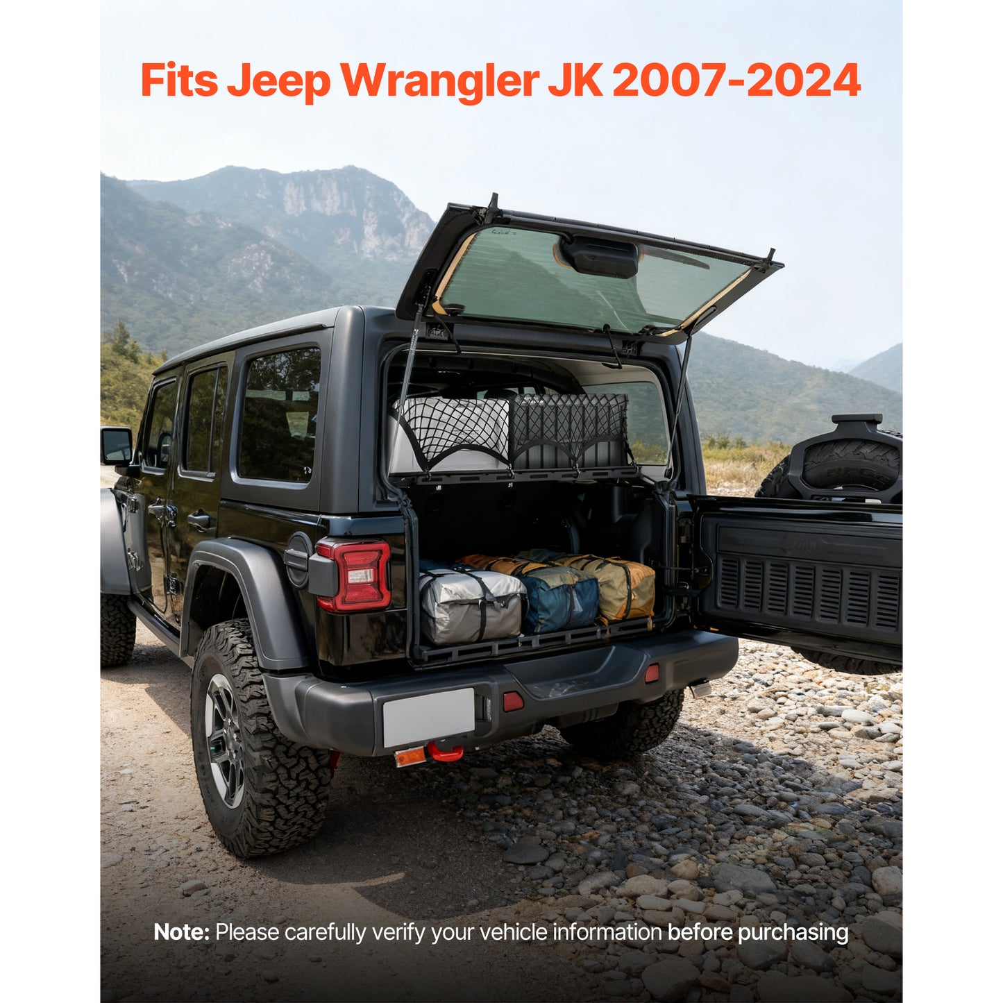 Rear Trunk Cargo Rack, for 2007-2024 Jeep Wrangler JK 4-Door Hardtops, 300 lbs Capacity, Carbon Steel Basket Tray Interior Storage Luggage Carrier with Net, Shelf Stand Organizer for Camping Trip Gear image 3