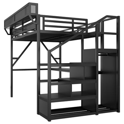 Queen Loft Bed with Desk and Charging Station, Queen Size Metal Loft Bed with Stairs and Light for Kids Teens, Black (Expect Arrival Date 2026/3/25) image 7