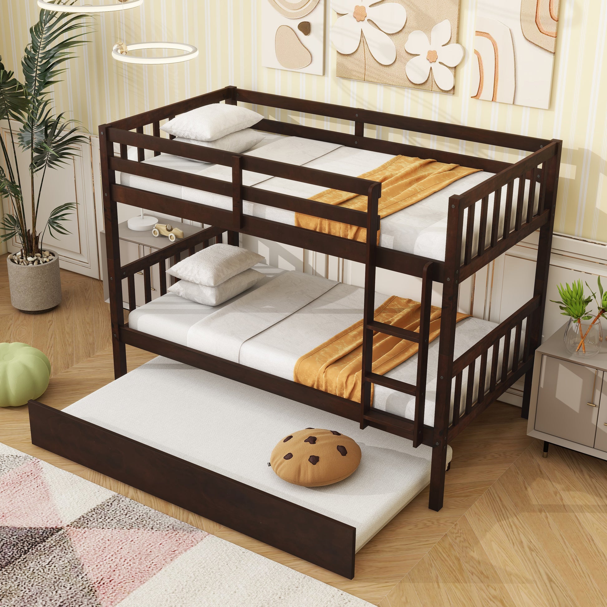 Twin Over Twin Rubber Wood Bunk Bed with Trundle, Convertible into Twin Size Beds, Twin Size Bunk Bed with Ladder and Safety Guardrails,Espresso image 12