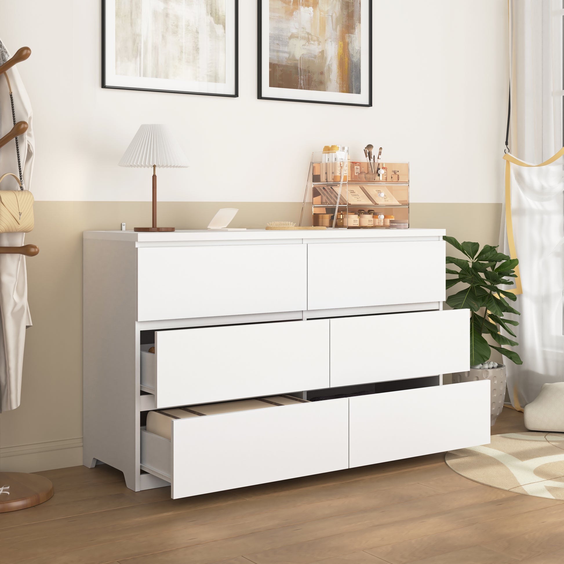 6 Drawer Storage Cabinet,Dresser, Wood Storage Tower Clothes Organizer, Wide Chest of 6 Drawers, Large Storage Space for Bedroom, Hallway, Entryway Living Room White image 2