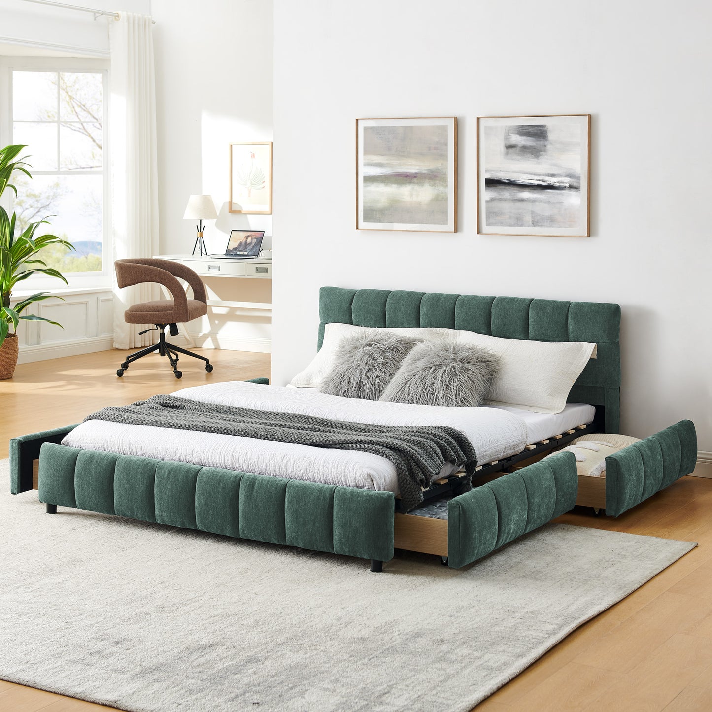 Queen Size Upholstered Bed,comfortable upholstered bed frame, Chenille fabric, with headboard and solid bed frame. With drawer for storage.-green(88.5''*68.5''*31'') image 3
