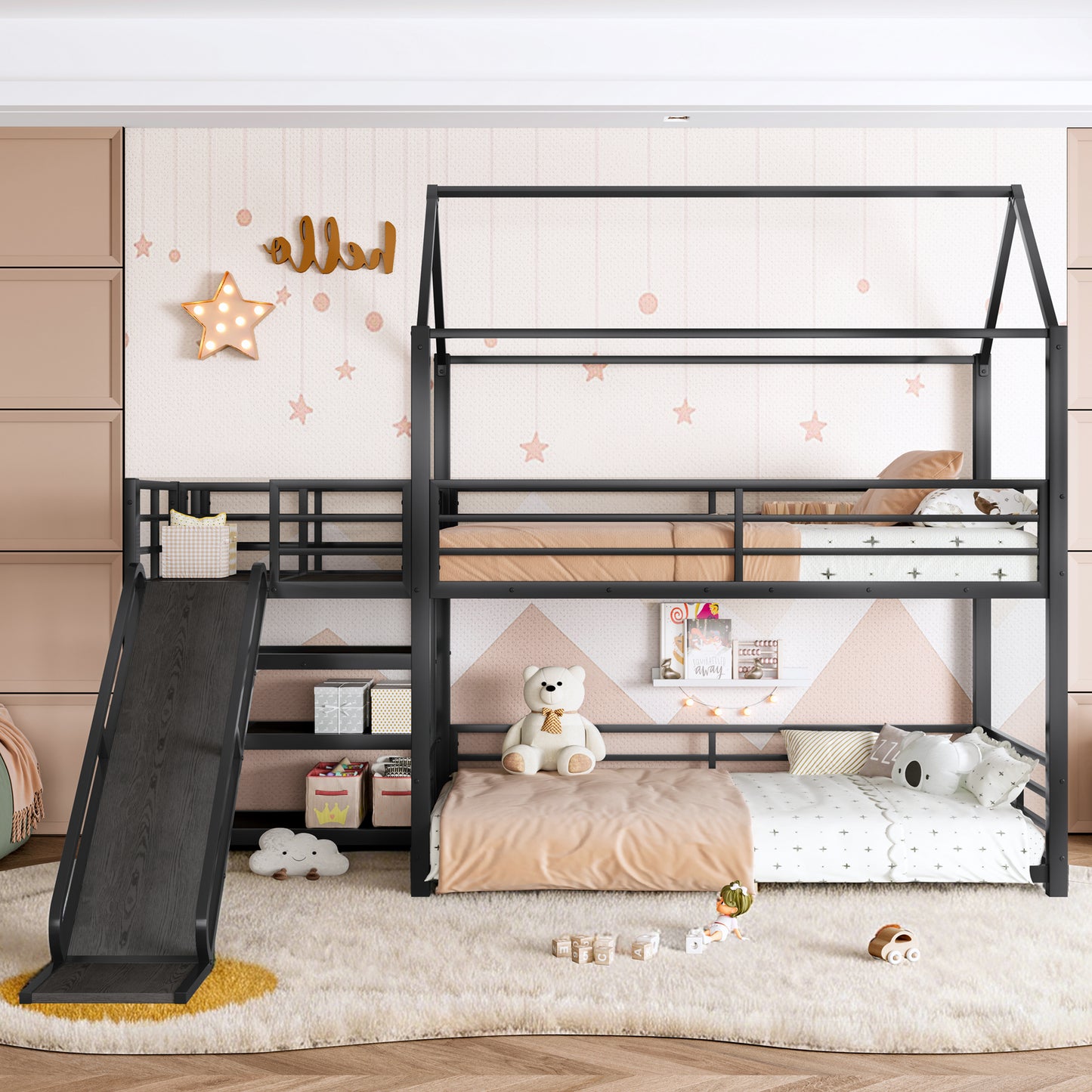 Twin metal House Bunk Bed with Storage Stairs, Slide, Safety Rails, Black image 2