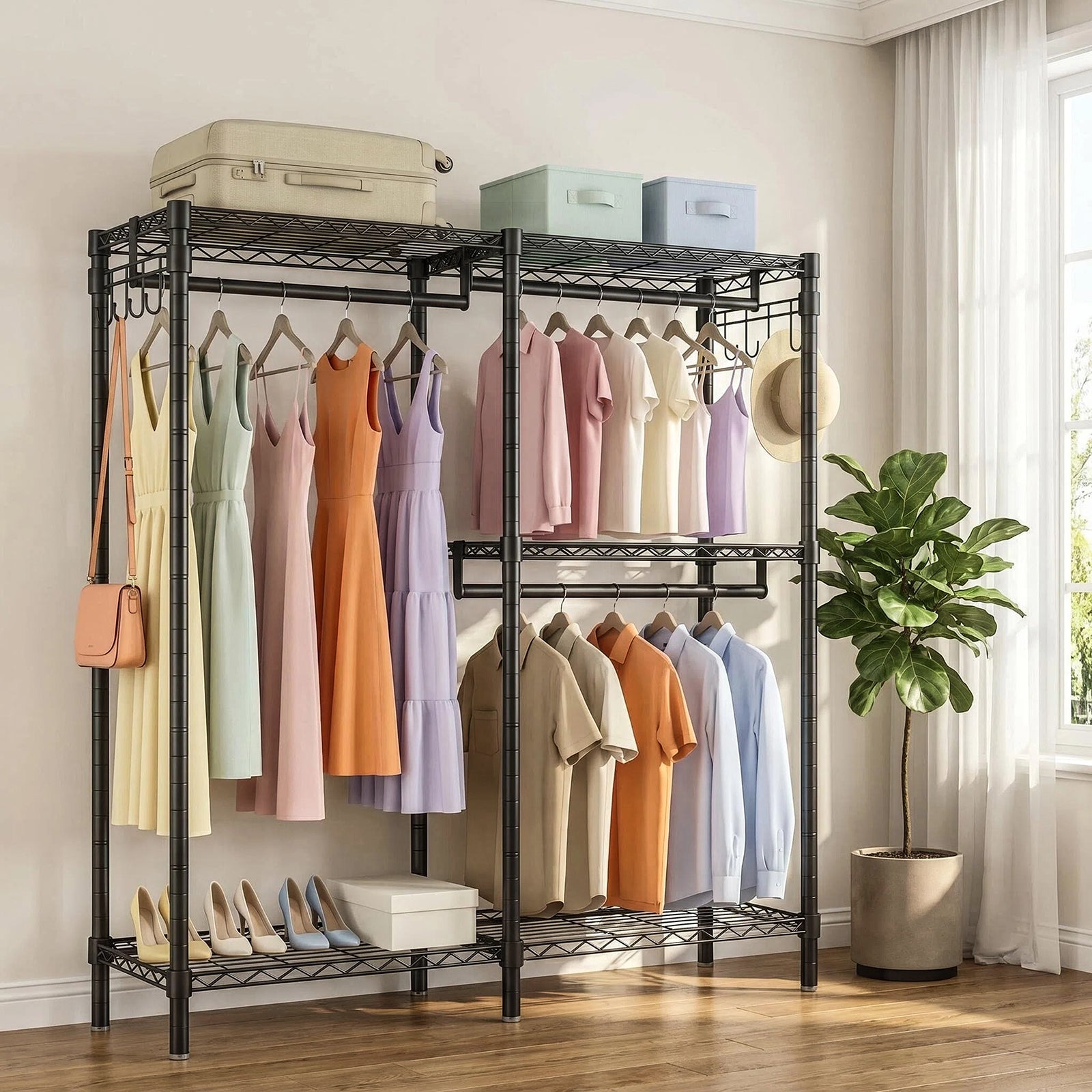 Garment Rack L Shaped Clothes Rack for Corner, Heavy Duty Clothes Rack with 3 Hanging Rods & 2 Side Hooks, Freestanding Clothing Racks for Hanging Clothes, 58.27''Wx 17.13''D*76.38''H, Black image 3