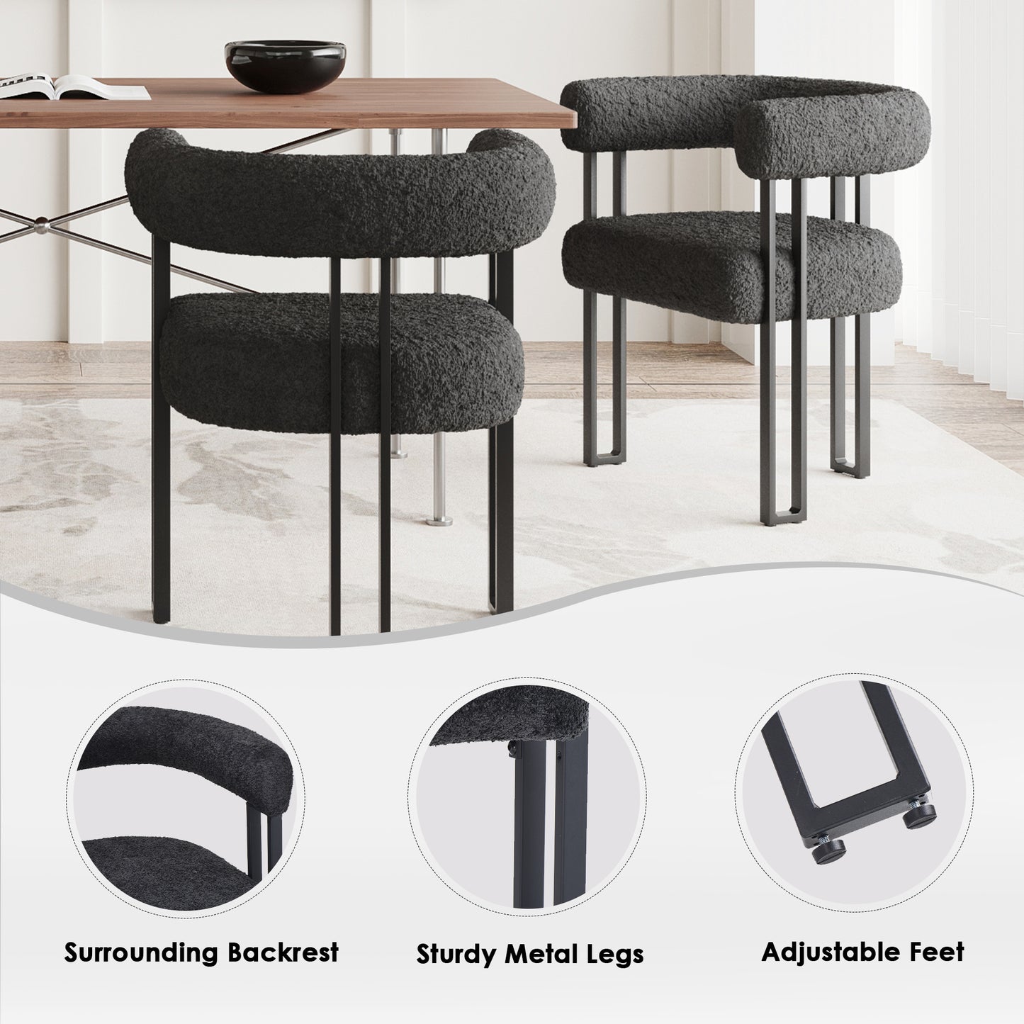 Set of 2 Upholstered Dining Arm Chairs, Bouclé Fabric Accent Chairs with Metal Frame, Modern Armchairs with Cushioned Seat & Back, Stain-Resistant, Living Room & Dining Room image 5