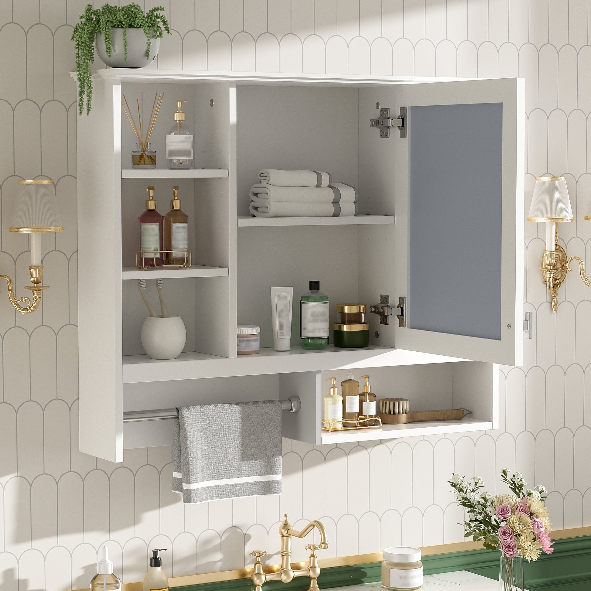 35 inch Wall-Mount 2-in-1 Mirror Cabinet with Adjustable Shelves, Soft-Closing Hinges, Open Shelves, for Bathroom Vanity, Living Room, Bedroom Storage Organizer image 4