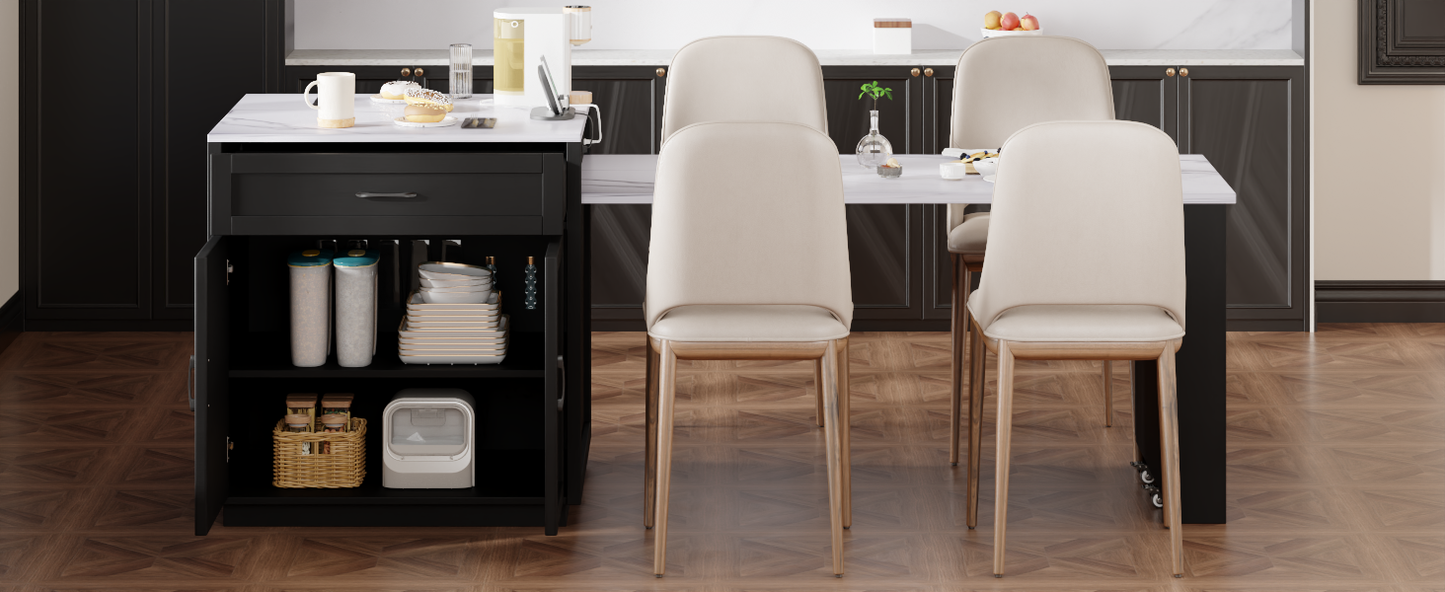 K&K 82.7 inch Kitchen Island with Extendable Dining Table for 4-6 Person,Faux Mable Kitchen Table with Double-sized Storage,Power Outlet,Kitchen island with Storage 2 Drawers 2 Side Open Shelves,Black image 7