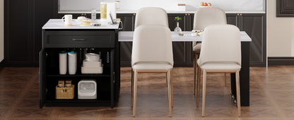 K&K 82.7 inch Kitchen Island with Extendable Dining Table for 4-6 Person,Faux Mable Kitchen Table with Double-sized Storage,Power Outlet,Kitchen island with Storage 2 Drawers 2 Side Open Shelves,Black image 7