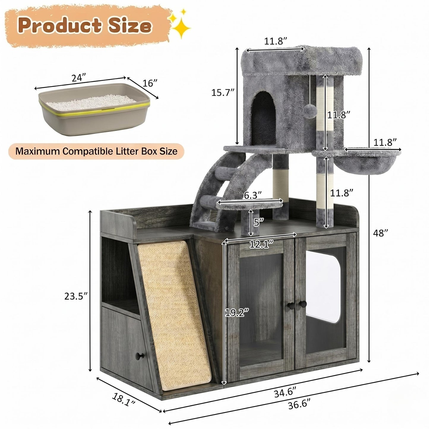 Litter Box Enclosure with Cat Tree, Hidden Litter Box with LED Light, Sisal Scratching Board and Storage Space, Modular Litter Box Furniture with Condo and Platform, All-in-one Cat Tower,Grey image 6