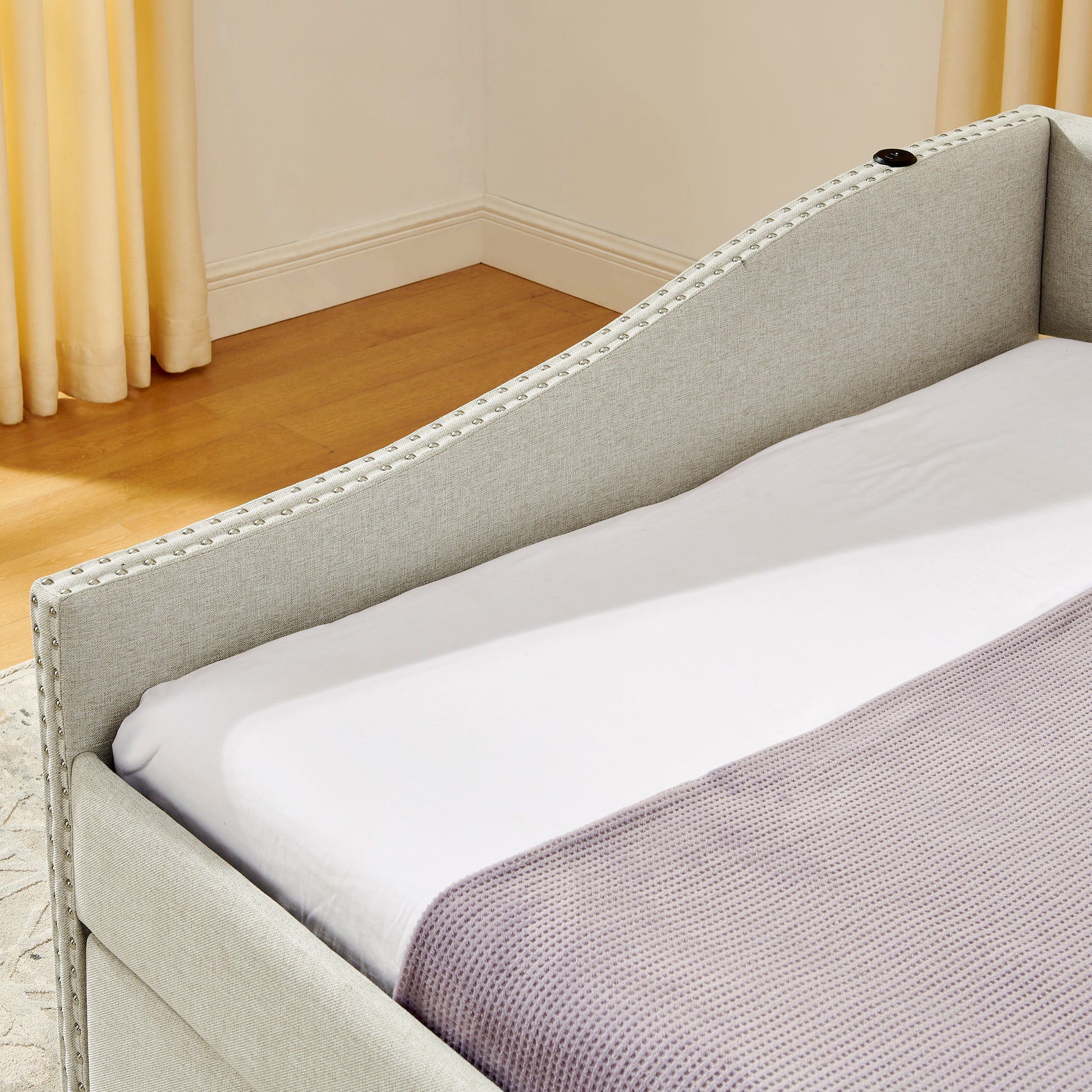 Full Size Daybed with USB Charging & Twin Size Pull-out Extendable Bed, with Button on Back and Copper Nail on Waved Shape Arms image 12