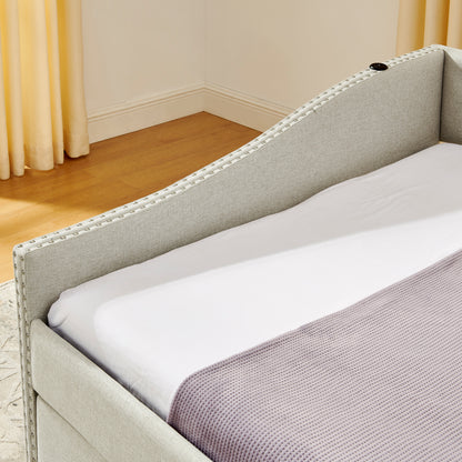 Full Size Daybed with USB Charging & Twin Size Pull-out Extendable Bed, with Button on Back and Copper Nail on Waved Shape Arms image 12