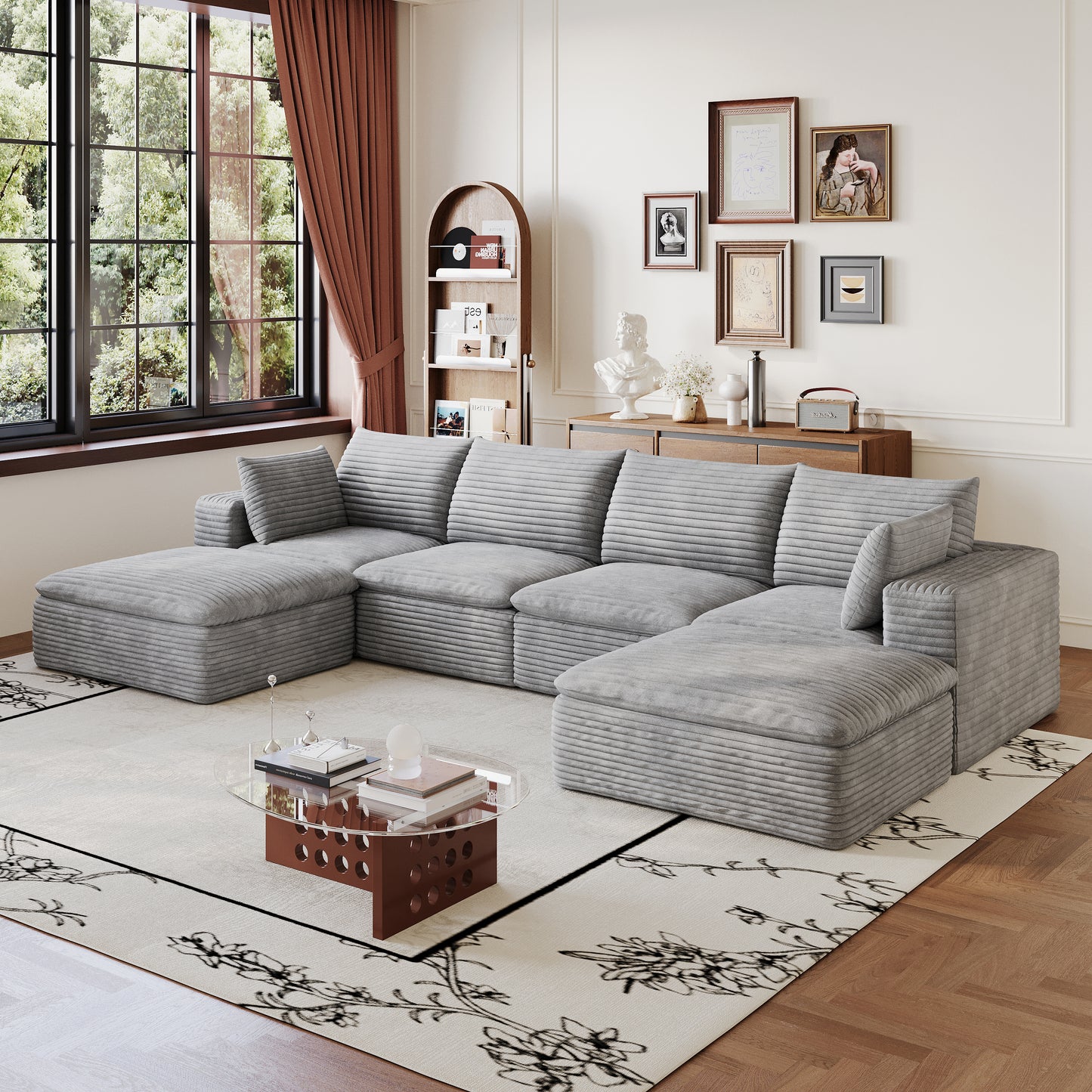 134" Cloud Sofa,Corduroy Fabric,Deep Seat Couches,Double-layer design,Removable Cushion,No Assembly, DIY Combination for Living room, Bedroom,Conference room,Apartment,Grey image 3