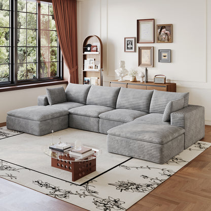 134" Cloud Sofa,Corduroy Fabric,Deep Seat Couches,Double-layer design,Removable Cushion,No Assembly, DIY Combination for Living room, Bedroom,Conference room,Apartment,Grey image 3