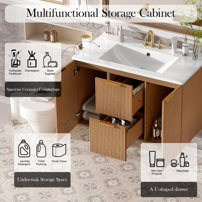[Video]36 Inch Single Sink Bathroom Vanity with ceramic Top, MDF Cabinet, Soft Close Doors, Divided Drawers, Wall-Mounted Modern Storage Vanity image 4