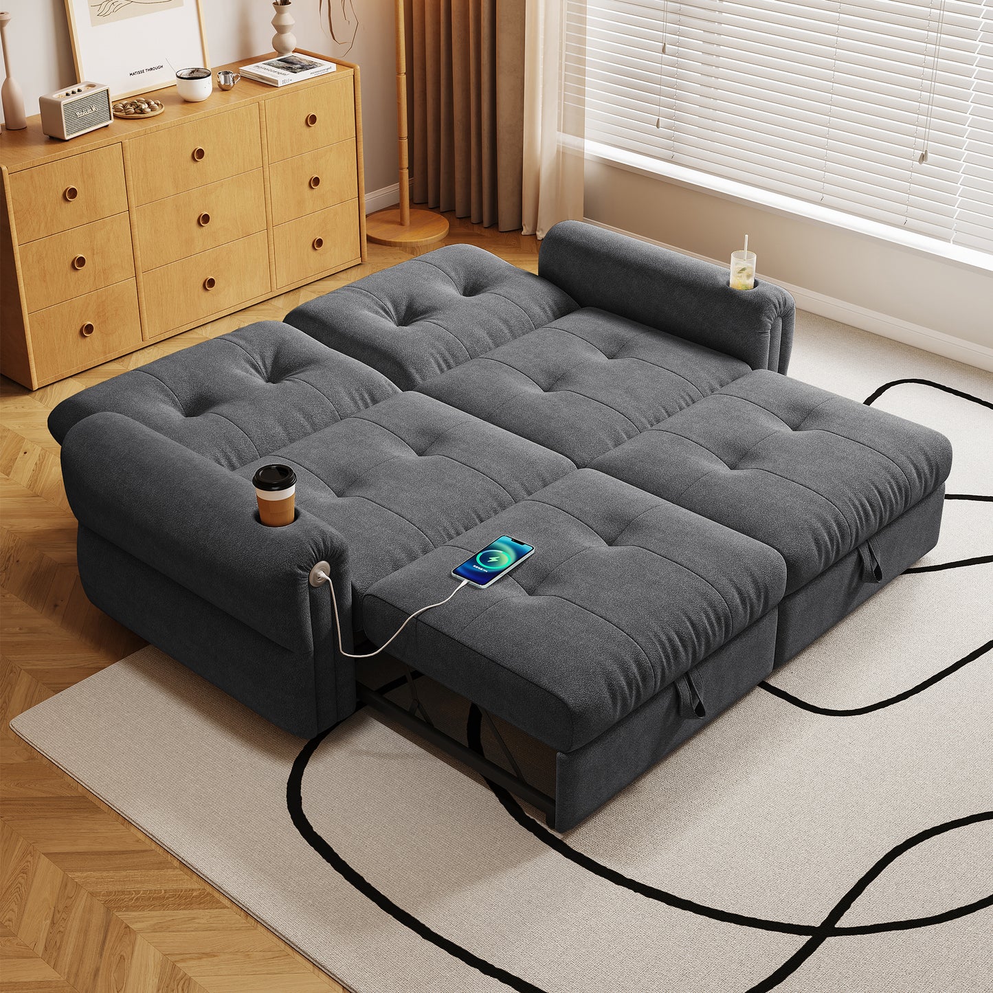 It is a multi-functional sofa, a 77-inch convertible sofa bed, and a 2-in-1 piece suitable for both sitting and lying down. Made of Chenille fabric, it is suitable for living rooms, bedrooms image 4