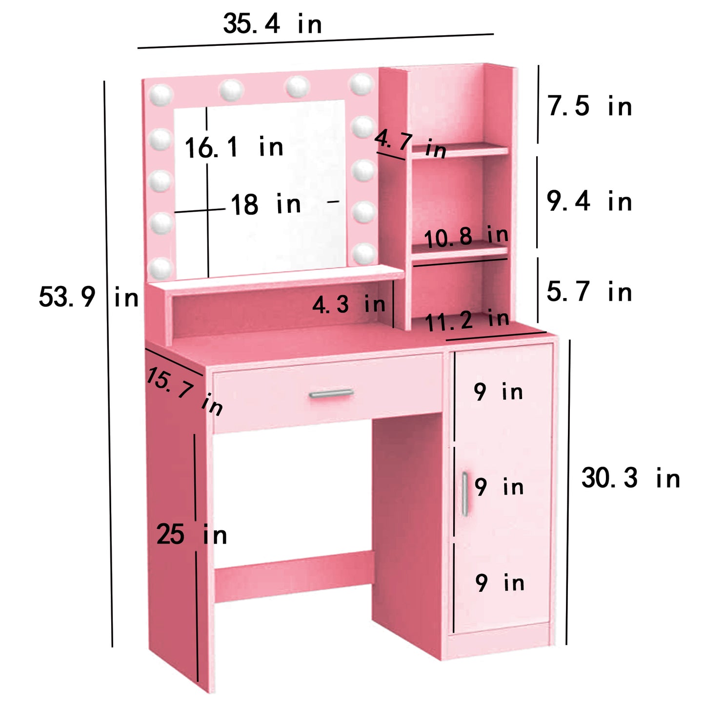 Vanity Desk with Mirror & Light, Large Drawer Three Level Storage Dresser, 3 Lighting Modes Adjustable Brightness, Bedroom Dressing Table(Pink) image 12