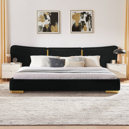 King Size Extra Large Platform Bed, Soft Chenille Fabric Frame, Curved Headboard, Reinforced Electroplated Metal Legs, Flexible DIY Side Space Design-Black image 6
