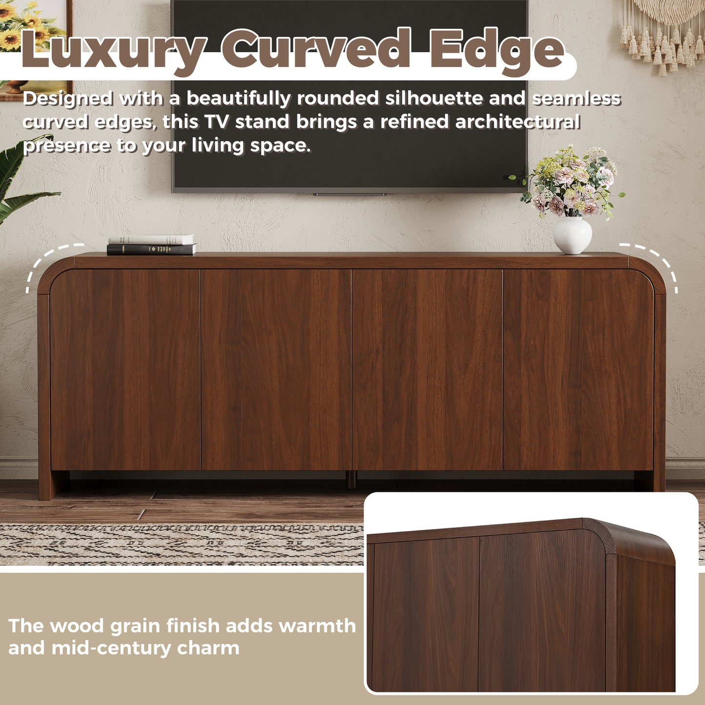 Farmhouse Curved Edge TV Stand with Large Cabinets for TVs up to 70", Minimalist Wood Grain Media Console with Cable Management, Mid Century TV Cabinet with Adjustable Shelves for Living Room, Walnut image 3