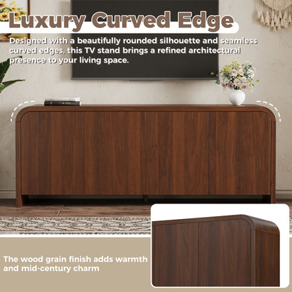 Farmhouse Curved Edge TV Stand with Large Cabinets for TVs up to 70", Minimalist Wood Grain Media Console with Cable Management, Mid Century TV Cabinet with Adjustable Shelves for Living Room, Walnut image 3