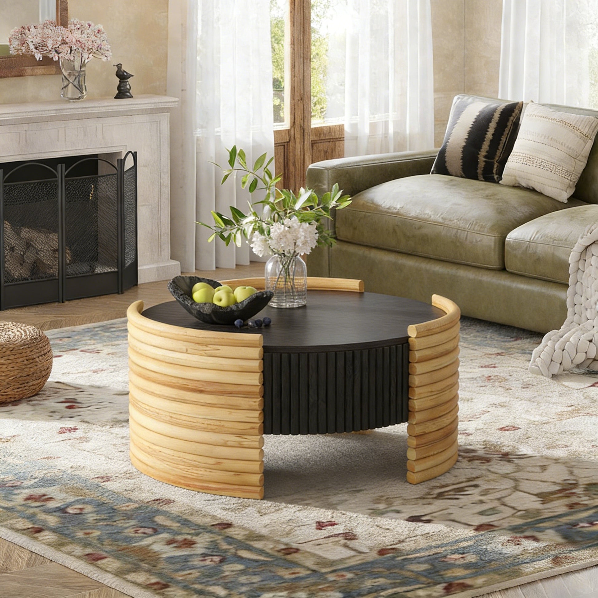 31.50" Modern Colorblocked Striped Coffee Table with Flip Top Storage Coffee Table - Natural Wood Finish for Living Room, Apartment, Office, Easy to Assemble, Dark Brown Tabletop + Wooden Color image 1