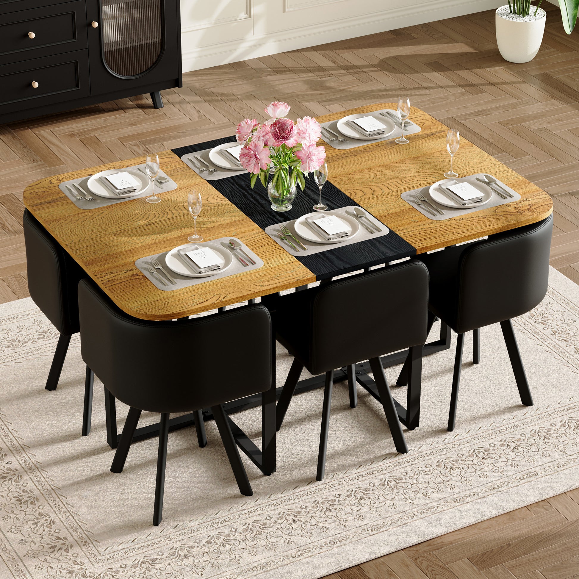 7-Piece Rectangular Dining Table Set, Fixed Two-Tone Wood Grain & Black Triamine Tabletop with 6 Black PU Leather Chairs, Modern Kitchen Table Set for 6 People, Ideal for Small Spaces, Apartment image 5