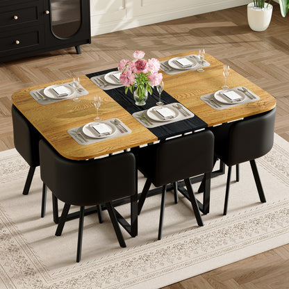 7-Piece Rectangular Dining Table Set, Fixed Two-Tone Wood Grain & Black Triamine Tabletop with 6 Black PU Leather Chairs, Modern Kitchen Table Set for 6 People, Ideal for Small Spaces, Apartment image 5